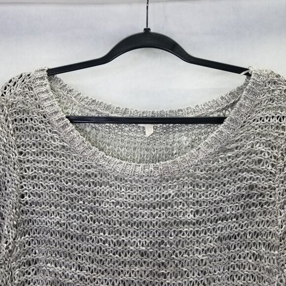 Eileen Fisher Open Knit Sweater Women's M Italian Yarn Pockets Scoop Neck Gray - Picture 4 of 15